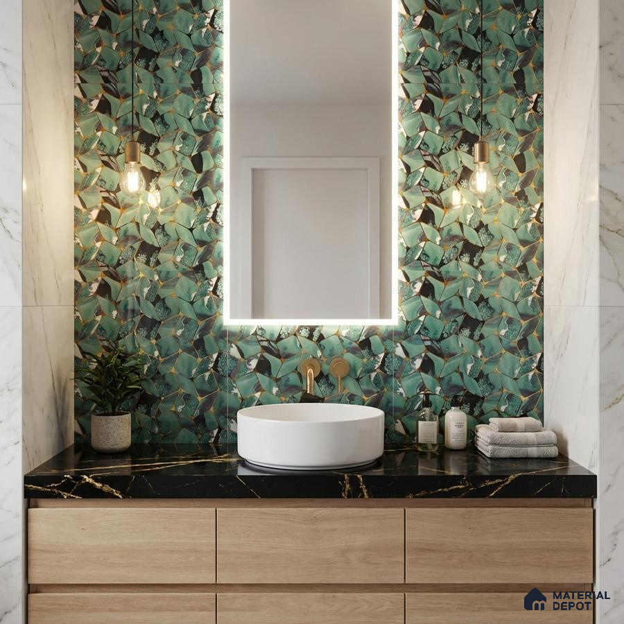 Modern bathroom with green floral highlighter wall tile, black marble countertop, and light oak laminate vanity