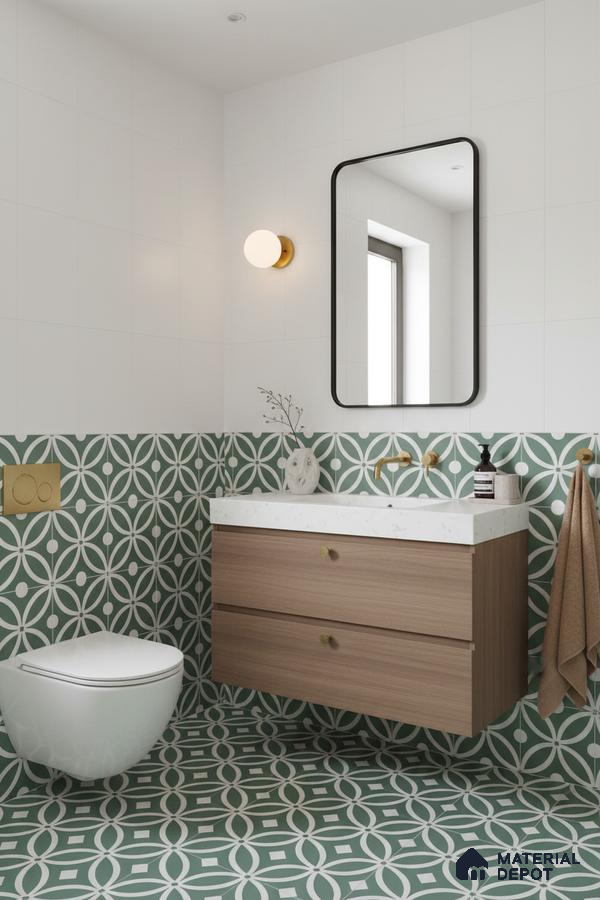 Modern bathroom with green geometric patterned tiles, white wall tiles, and wood vanity in Bengaluru | Material Depot