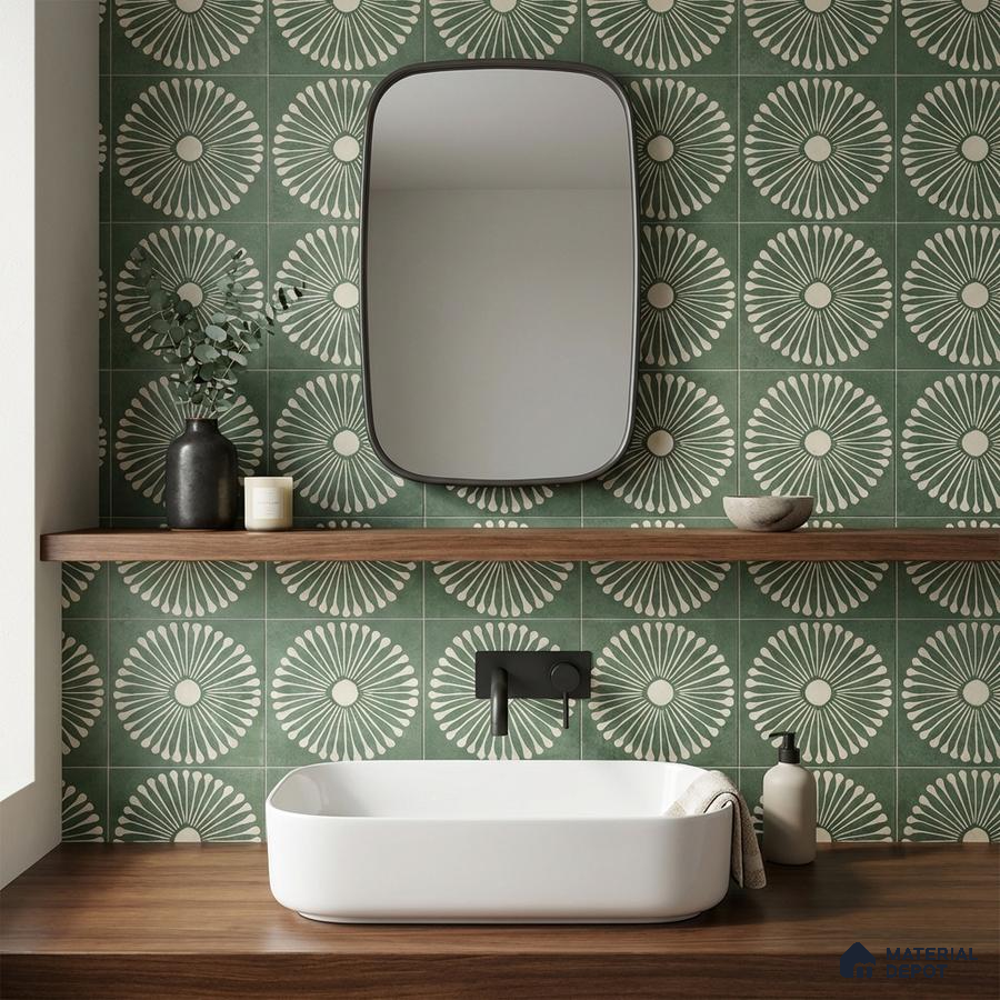 Modern bathroom with green geometric patterned wall tiles and walnut wood countertop