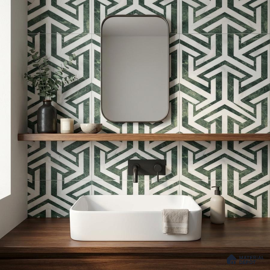 Modern bathroom with green geometric wall tiles and walnut wood countertop