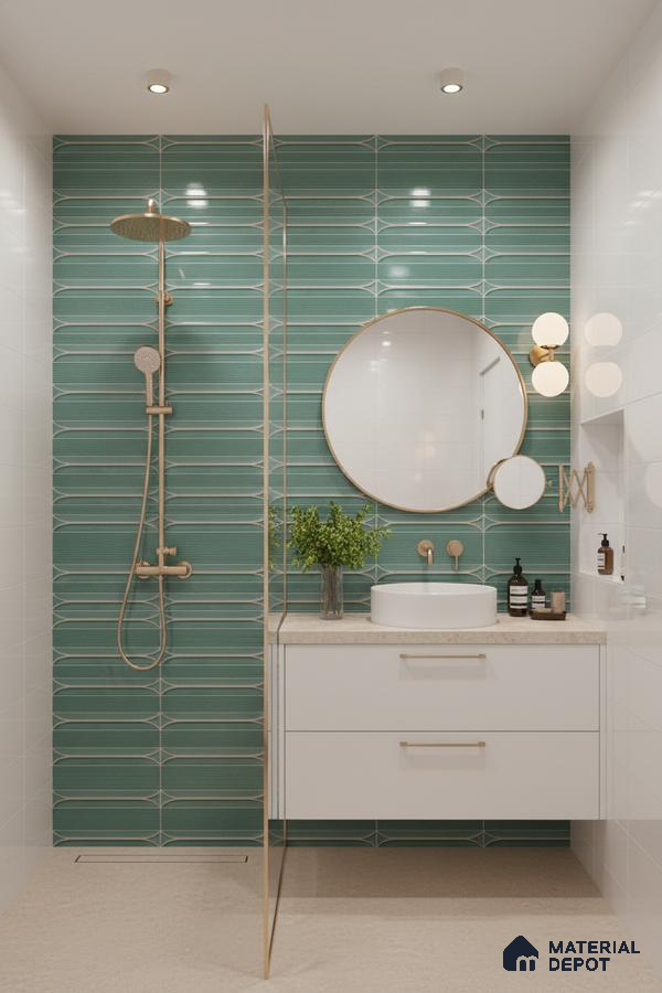 Modern bathroom with green geometric wall tiles, beige floor tile, and white floating vanity | Material Depot