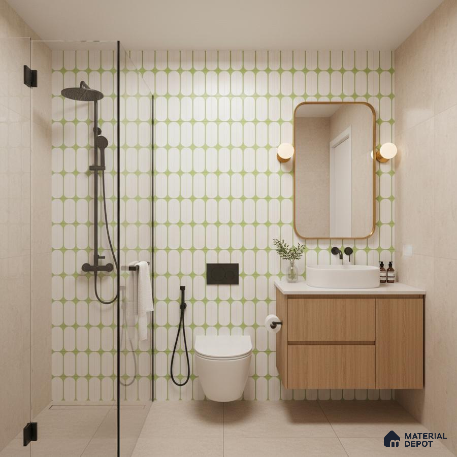 Modern bathroom with green geometric wall tiles, beige floor tiles, and wood laminate floating vanity | Material Depot