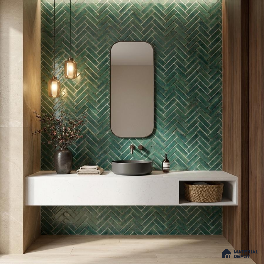 Modern bathroom with green herringbone subway wall tile and white quartz floating vanity