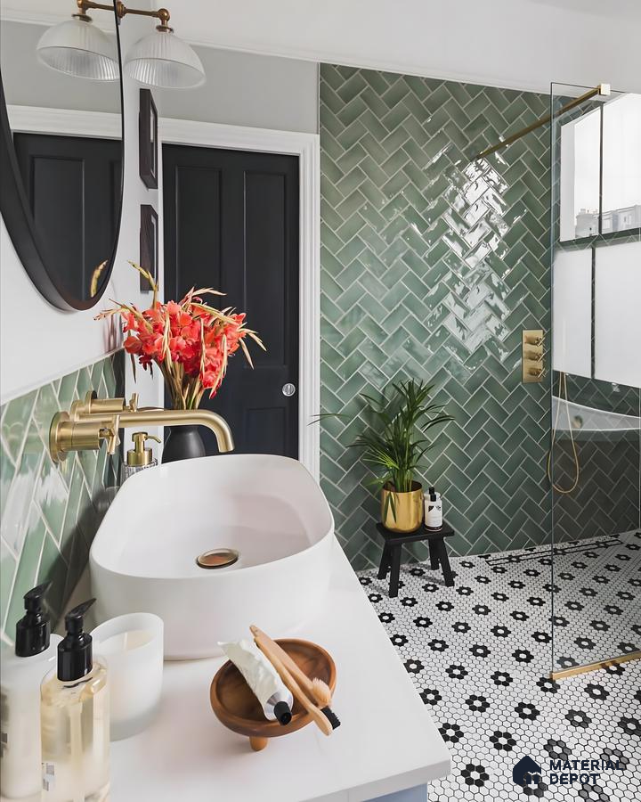 Modern Bathroom with Green Herringbone Tiles | Material Depot