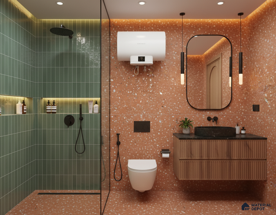 Modern bathroom design with green kitkat subway wall tiles and terracotta terrazzo floor and wall tiles in Bengaluru | Material Depot