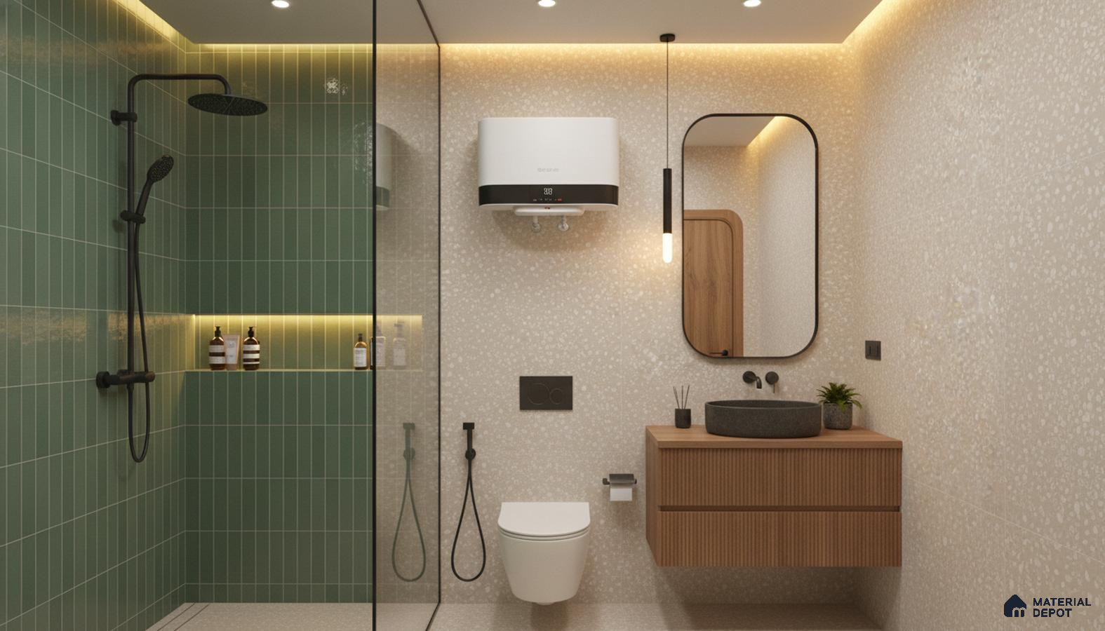 Modern bathroom design with green kitkat subway wall tiles, terrazzo wall and floor tiles, and fluted wood vanity in Bengaluru | Material Depot