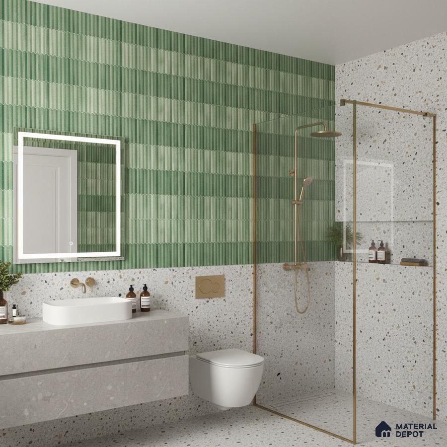 Modern bathroom with green kitkat wall tiles and terrazzo floor and wall tiles | Material Depot
