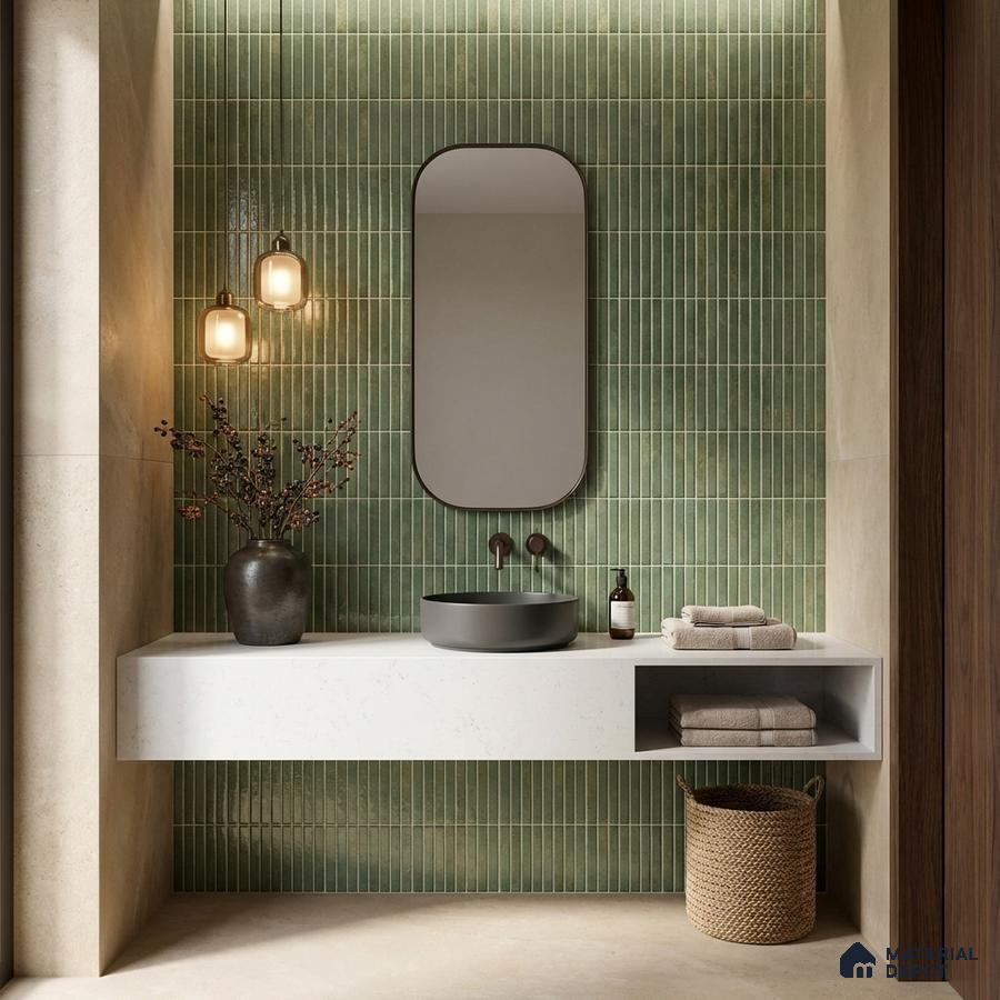 Modern bathroom with green kitkat wall tiles and white quartz floating vanity