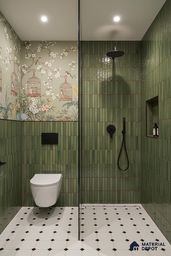 Modern bathroom with green kitkat wall tiles, floral wallpaper, and white geometric floor tiles | Material Depot