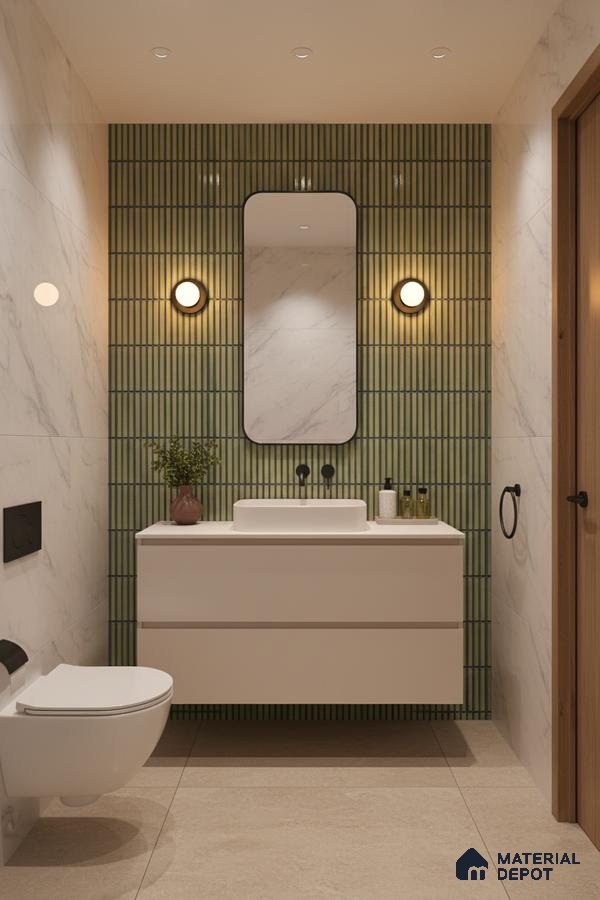 Modern bathroom with green kitkat wall tiles, marble-look wall tiles, and beige floor tiles | Material Depot