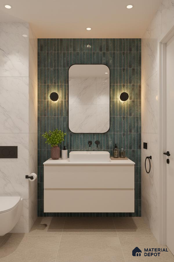 Modern bathroom with green kitkat wall tiles, marble-look wall tiles, and beige floor tiles | Material Depot