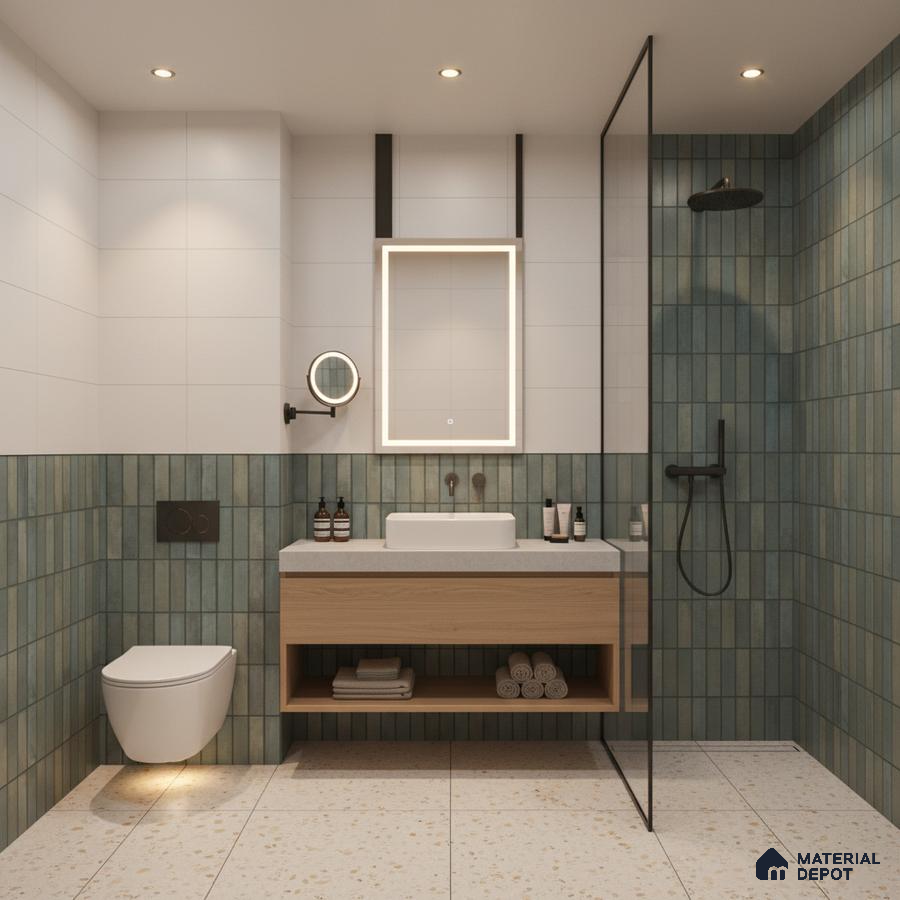 Modern bathroom with green kitkat wall tiles, terrazzo floor tiles, and light wood floating vanity | Material Depot