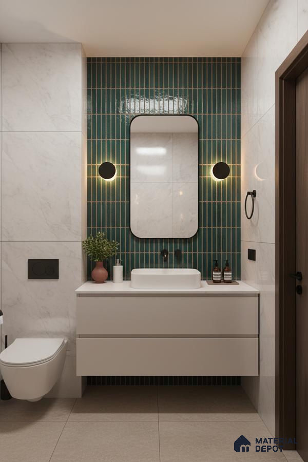 Modern bathroom with green kitkat wall tiles, white marble-look wall tiles, and floating vanity | Material Depot