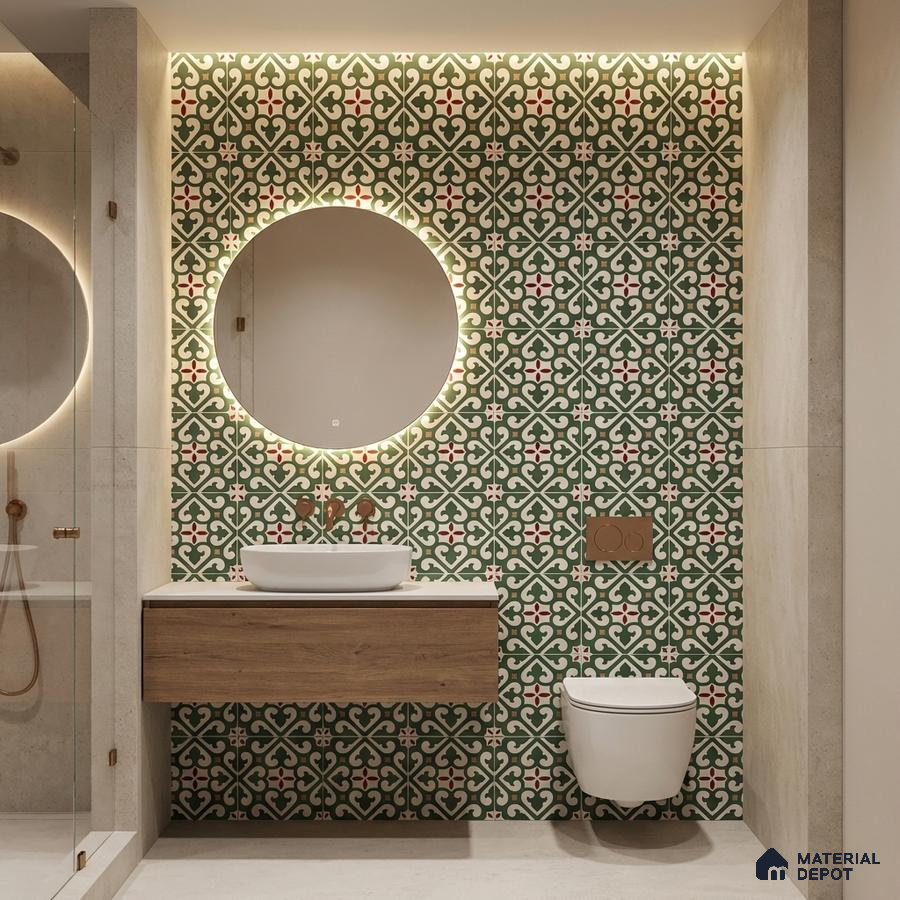Modern bathroom with green moroccan patterned wall tiles and floating wood vanity