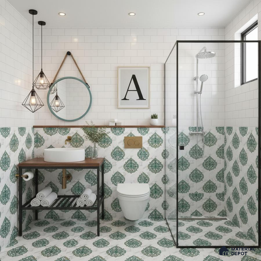 Modern bathroom with green patterned moroccan tiles and white subway wall tiles in Bengaluru | Material Depot