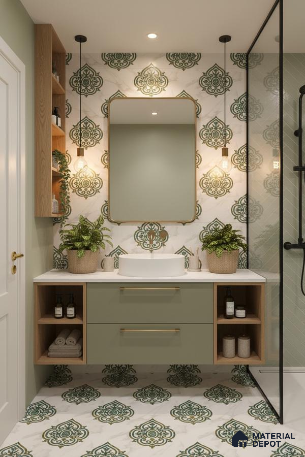 Modern bathroom with green patterned moroccan tiles, sage green vanity, and white countertop in Bengaluru | Material Depot