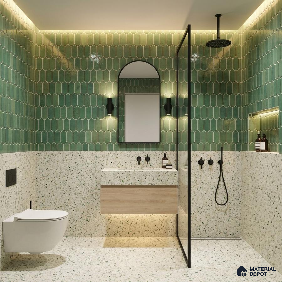 Modern bathroom with green scallop wall tiles and terrazzo floor and wall tiles