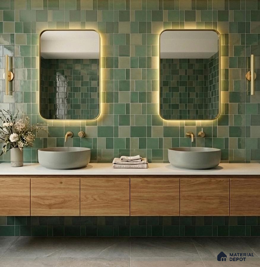 Modern bathroom with green square wall tiles, floating wood vanity, and matte stone basins