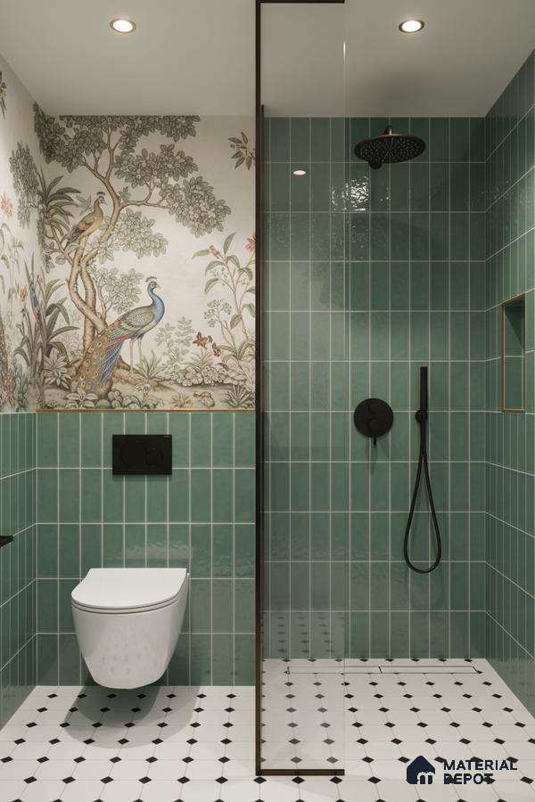Modern bathroom with green vertical subway wall tiles, chinoiserie wallpaper, and black-and-white geometric floor tiles | Material Depot