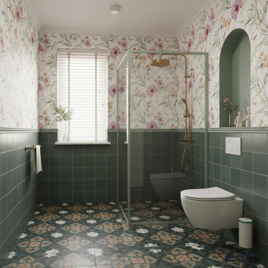 Modern bathroom with green wall tiles, floral wallpaper, and patterned green floor tiles in Bengaluru | Material Depot