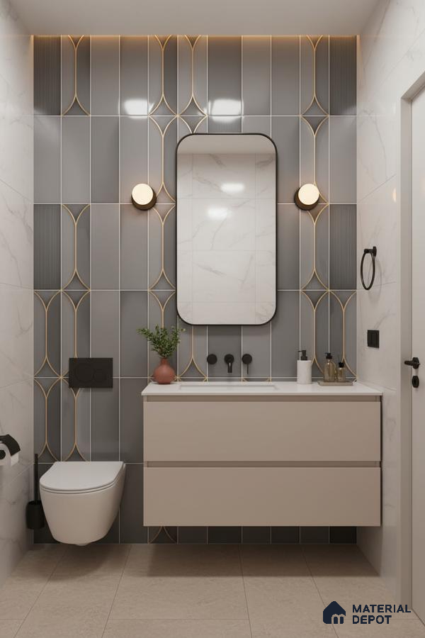 Modern bathroom with grey geometric wall tiles, marble-look wall tiles, and beige floating vanity | Material Depot