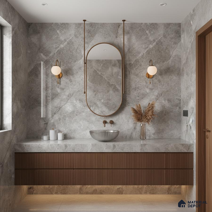 Modern bathroom with grey marble tiles and fluted walnut vanity | Material Depot