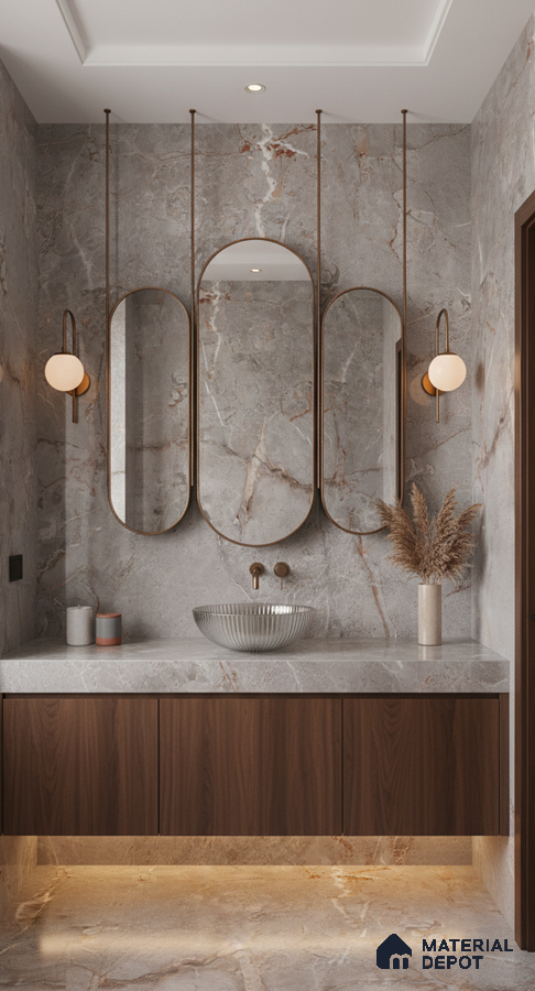 Modern bathroom with grey marble tiles, walnut wood vanity, and bronze accents | Material Depot