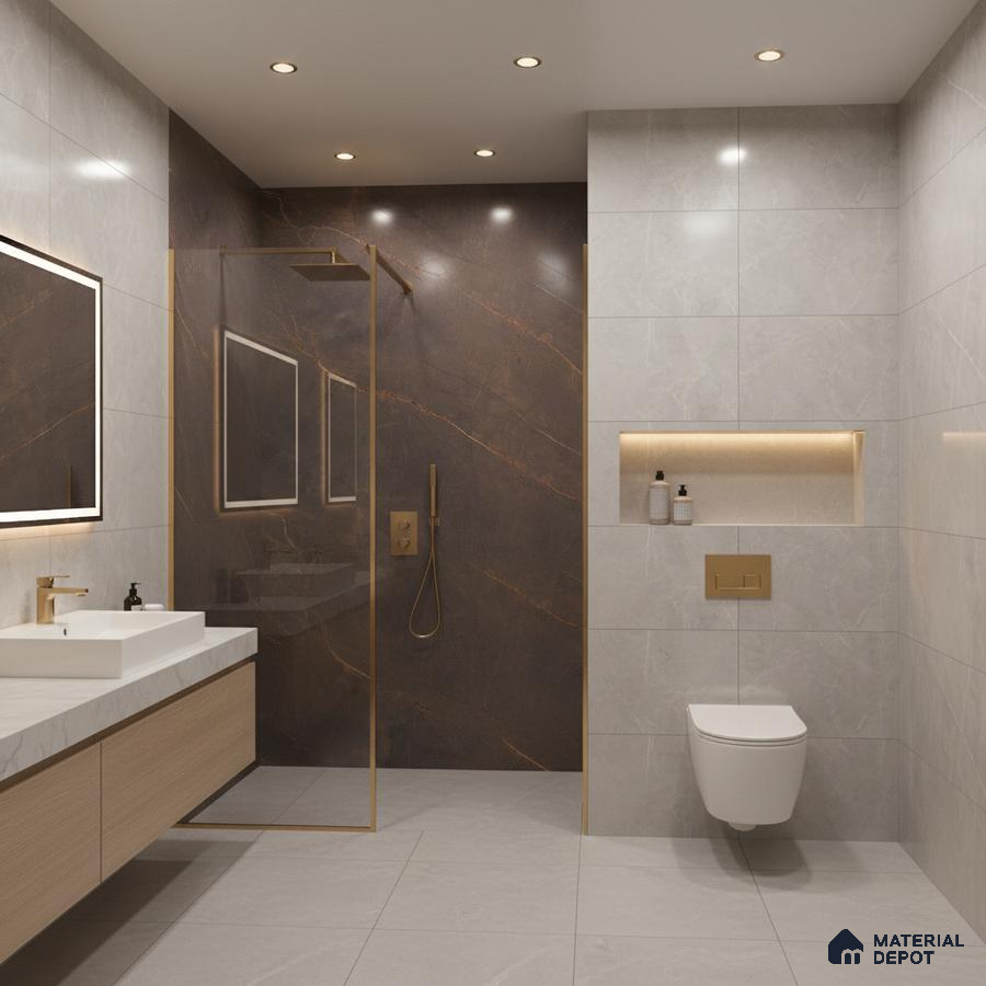 Modern bathroom with grey marble wall tiles, dark brown marble highlighter shower wall, and floating wood vanity | Material Depot