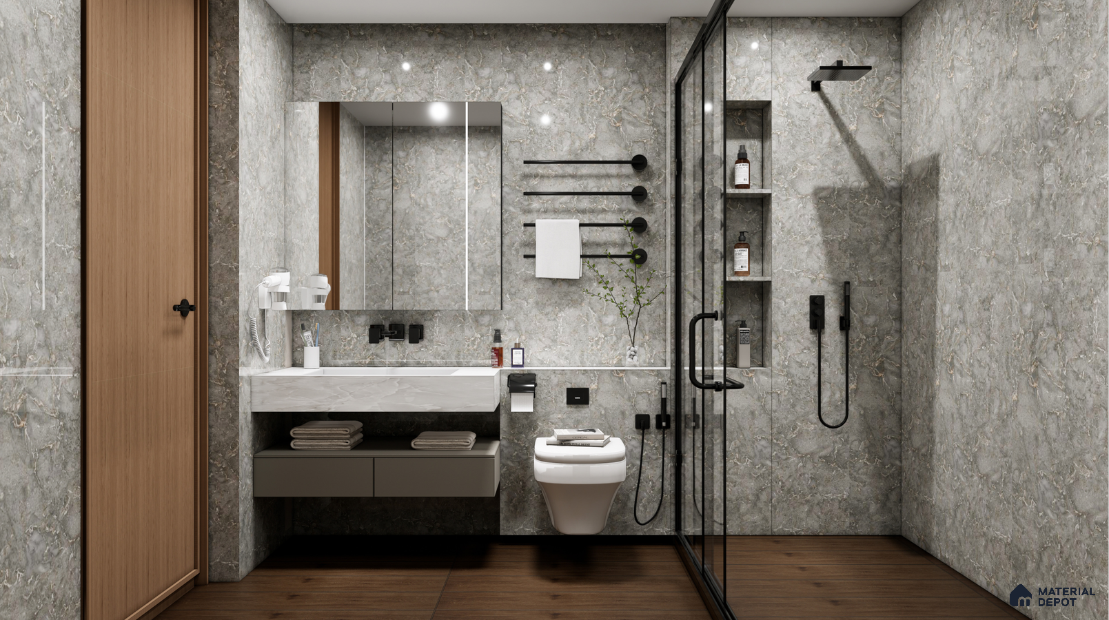 Modern Bathroom with Grey Marble Walls and Warm Wooden Flooring | Material Depot