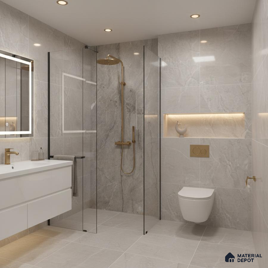 Modern bathroom with grey marble-look tiles and floating white vanity | Material Depot