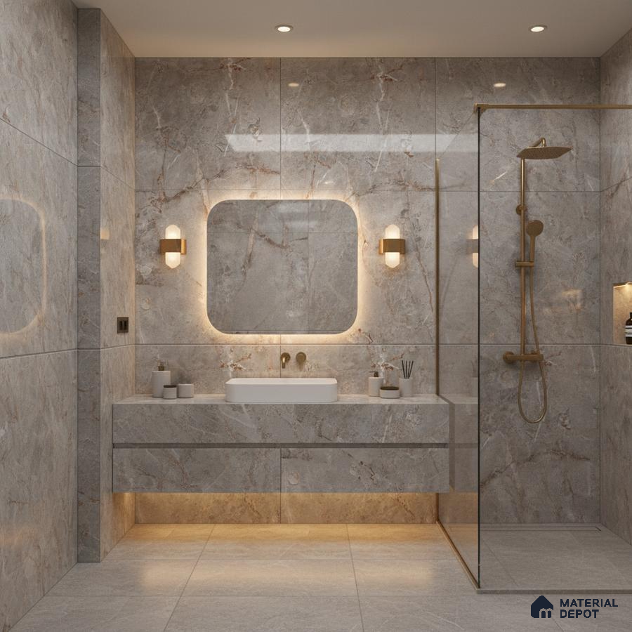 Modern bathroom with grey marble-look wall and floor tiles and floating vanity | Material Depot