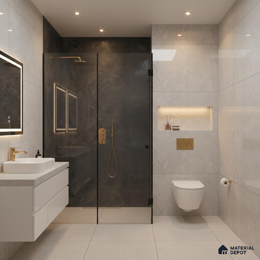 Modern bathroom with grey marble-look wall and floor tiles, black stone shower wall, and floating white vanity | Material Depot