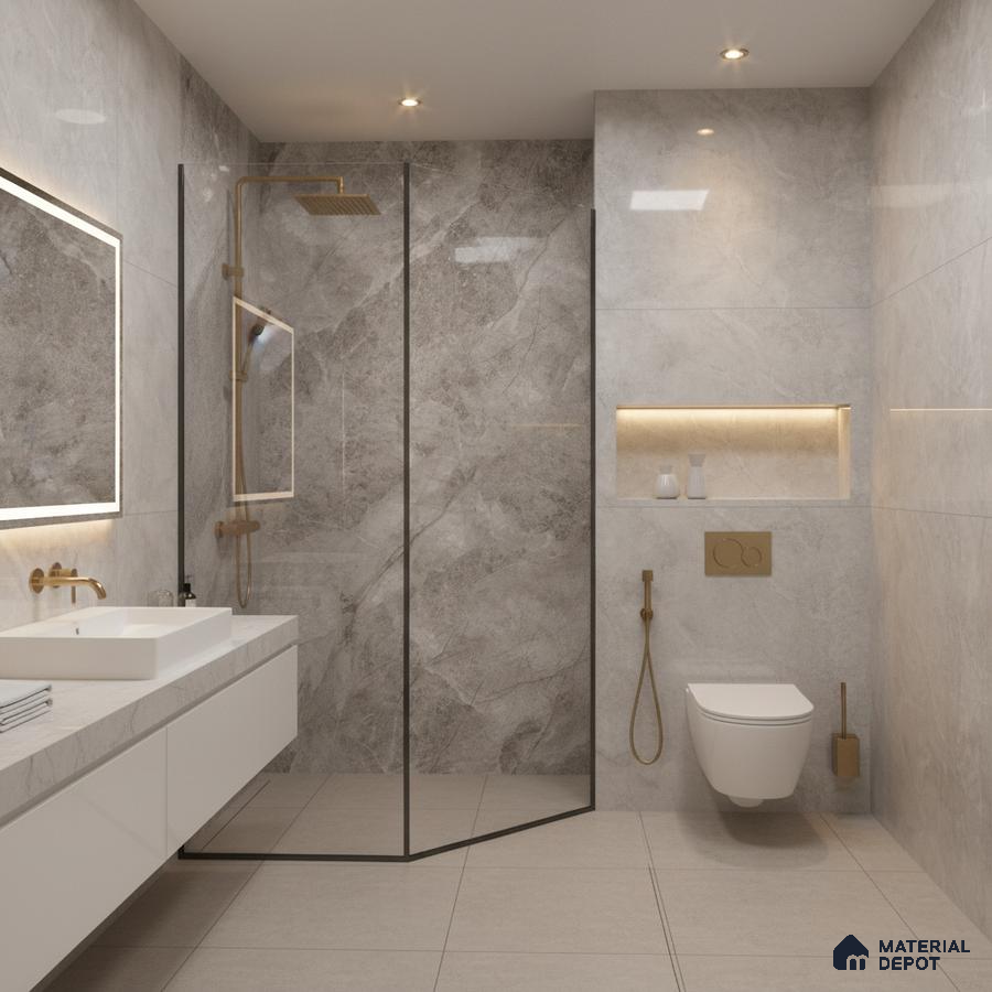 Modern bathroom with grey marble-look wall tiles and beige floor tiles | Material Depot