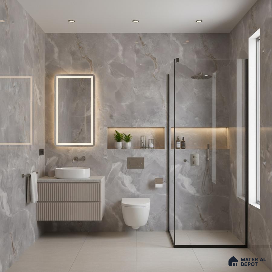 Modern bathroom with grey marble-look wall tiles and beige fluted vanity | Material Depot