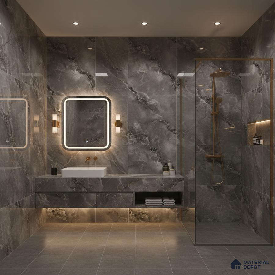 Modern bathroom with grey marble-look wall tiles and matte grey floor tiles | Material Depot