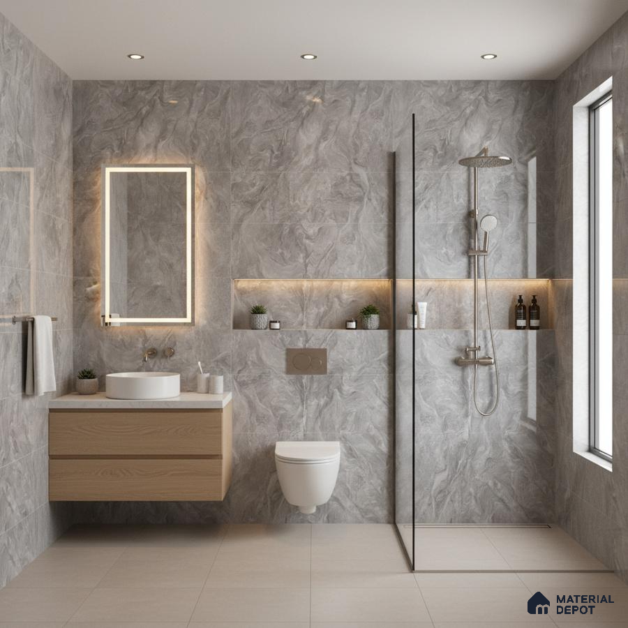 Modern bathroom with grey marble-look wall tiles, beige floor tiles, and floating wood vanity | Material Depot