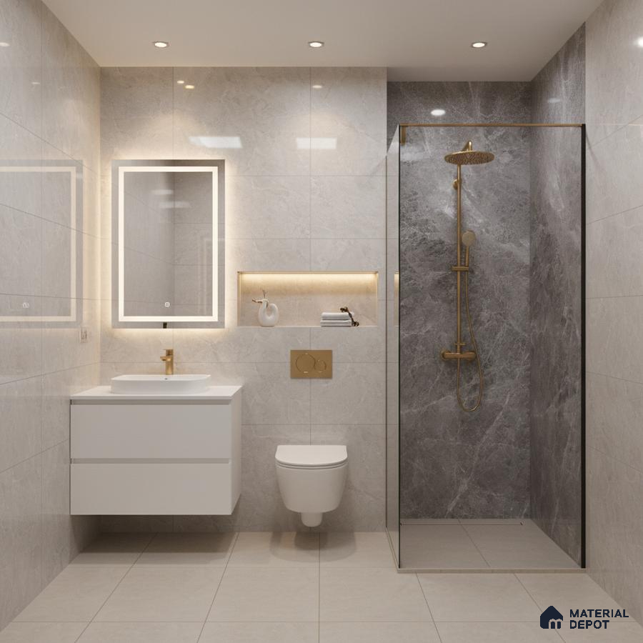 Modern bathroom with grey marble-look wall tiles, beige floor tiles, and gold fixtures | Material Depot