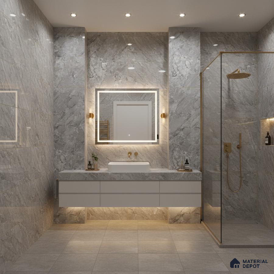 Modern bathroom with grey marble-look wall tiles, matte grey floor tiles, and floating vanity | Material Depot