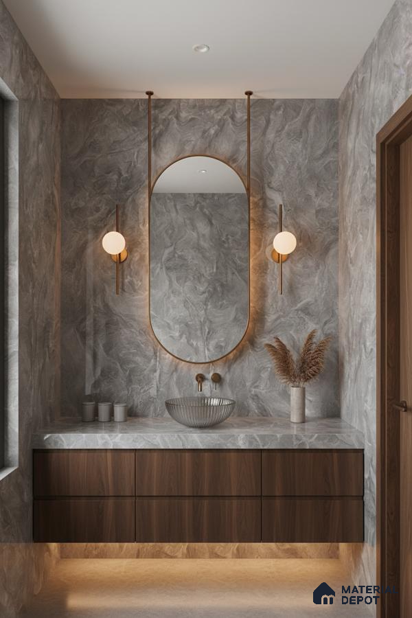 Modern bathroom with grey marble-look wall tiles, walnut brown floating vanity, and fluted glass basin | Material Depot