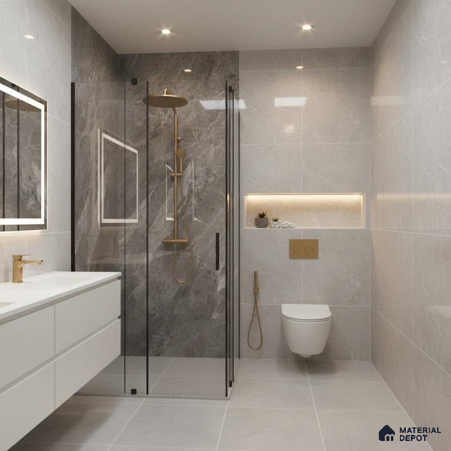 Modern bathroom with grey marble-look wall tiles, white floating vanity, and gold fixtures | Material Depot