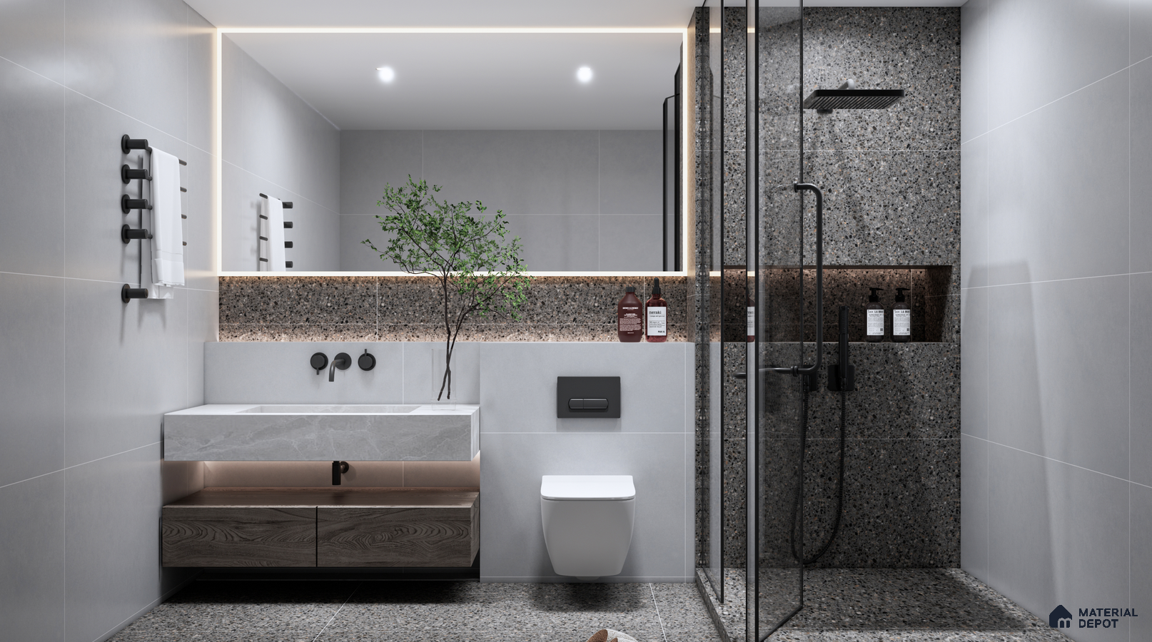 Modern Bathroom with Grey Terrazzo Walls and Sleek Fixtures | Material Depot