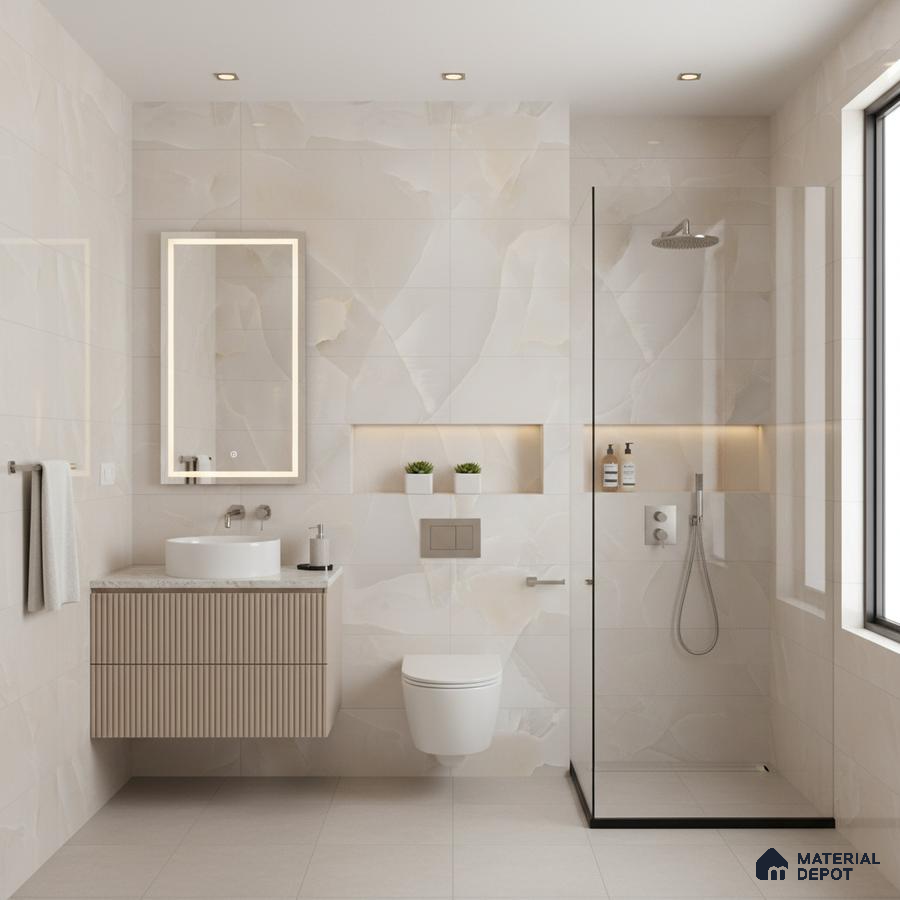 Modern bathroom with ivory marble-look wall tiles, fluted wood vanity, and minimalist glass shower partition | Material Depot