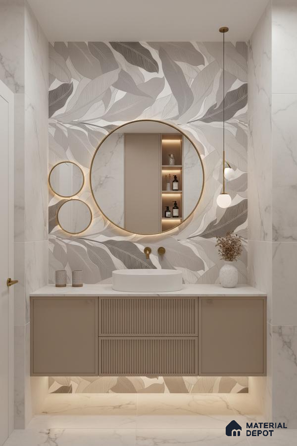 Modern bathroom design with leaf-patterned tile, beige fluted vanity, and white marble tiles in Bengaluru | Material Depot
