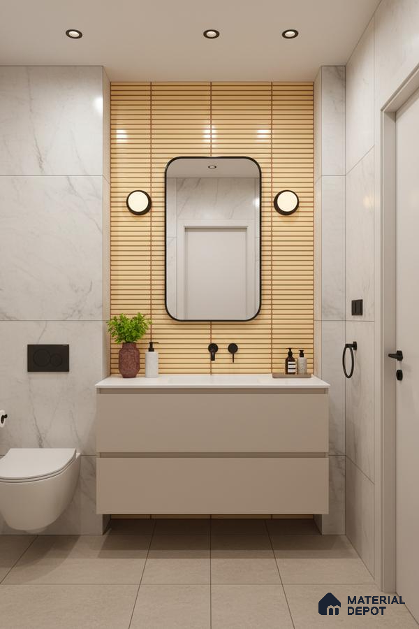Modern bathroom with marble wall tiles, beige floor tiles, and light wood fluted wall panel behind vanity | Material Depot
