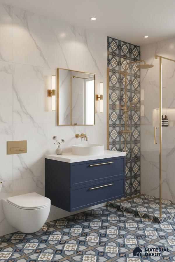 Modern bathroom with marble wall tiles, blue patterned floor tiles, and gold accents in Bengaluru | Material Depot