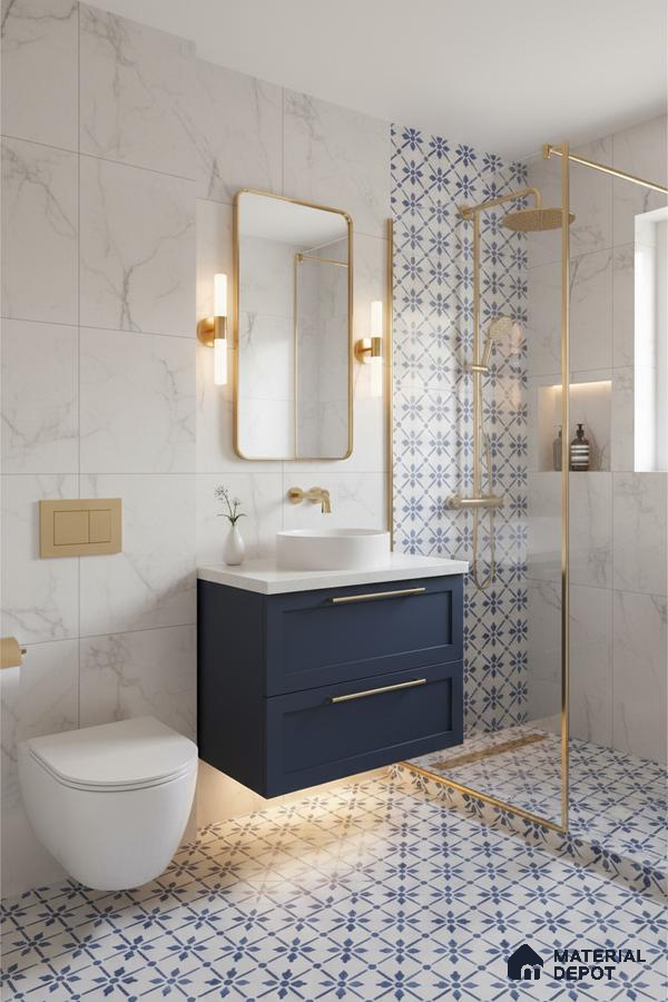 Modern bathroom with marble wall tiles, blue patterned floor tiles, and gold accents in Bengaluru | Material Depot