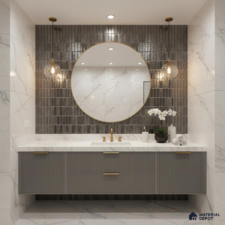 Modern bathroom with marble wall tiles, fluted grey vanity, and glossy black subway accent tiles