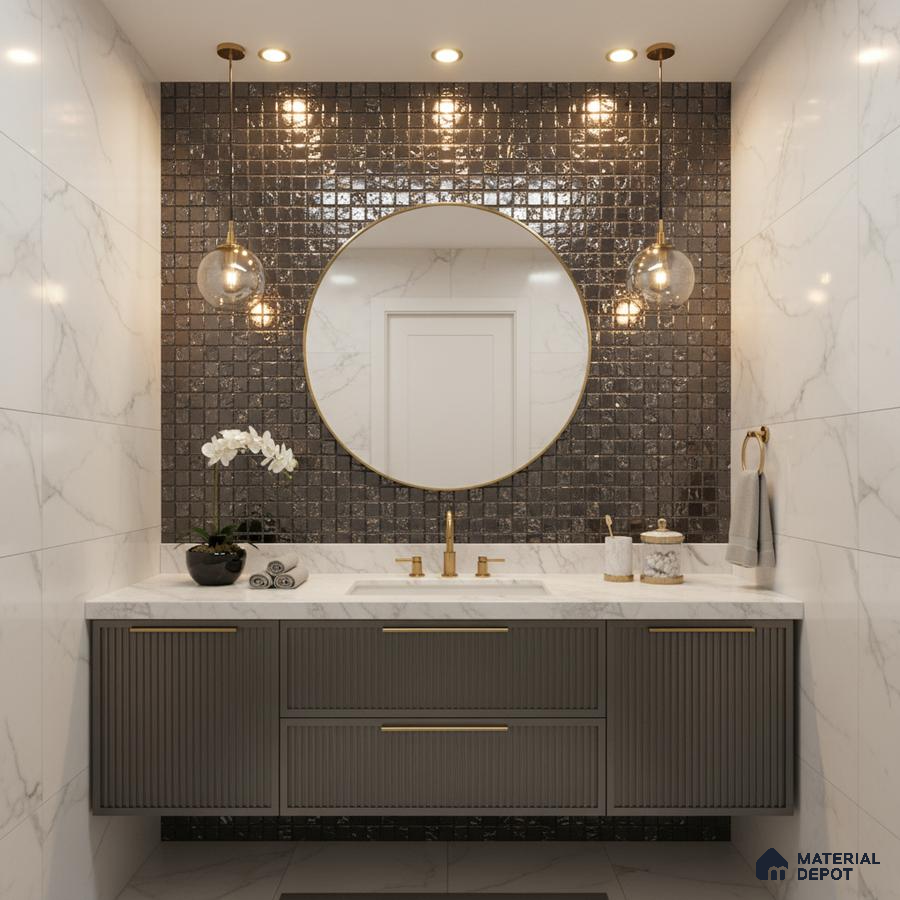 Modern bathroom with marble wall tiles, glossy black mosaic tile accent wall, and fluted grey vanity