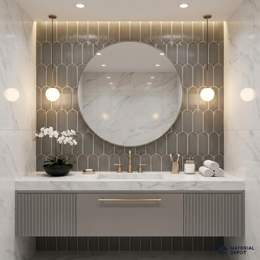 Modern bathroom with marble wall tiles, grey fluted vanity, and geometric patterned accent tile