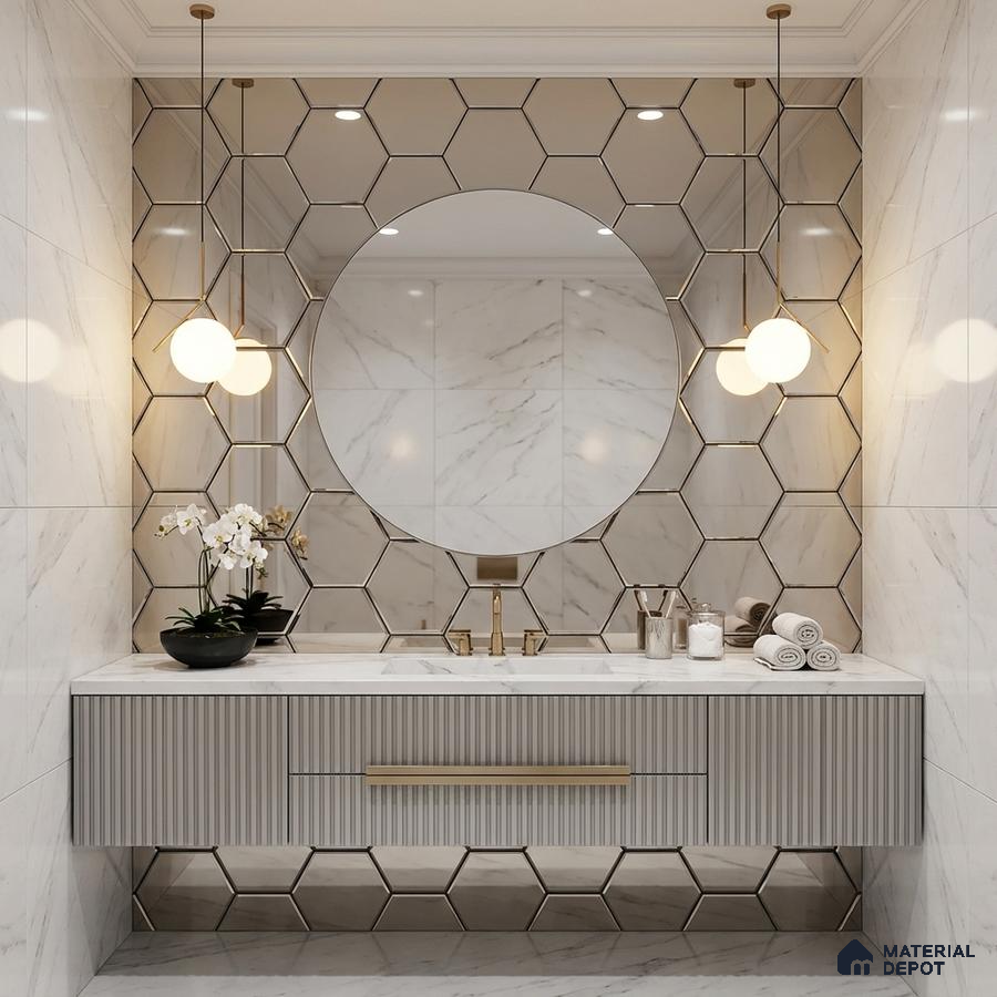 Modern bathroom with marble wall tiles, hexagonal mirror tile accent, and fluted vanity